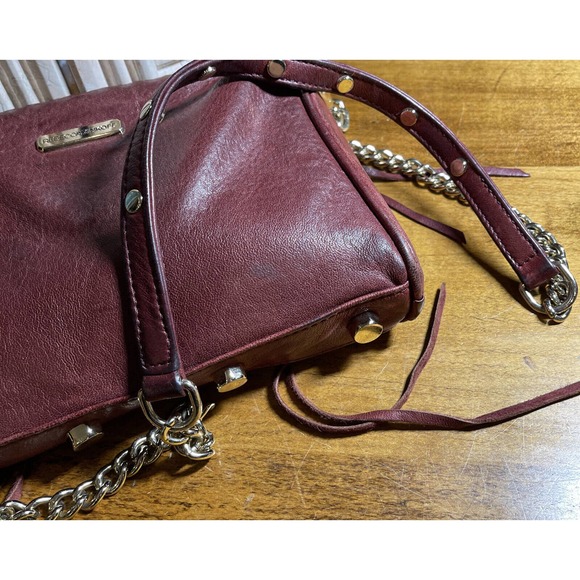 Rebecca Minkoff Cross Body Purse 5 Zip Leather Maroon Studded Gold Chain Handle - Picture 5 of 13
